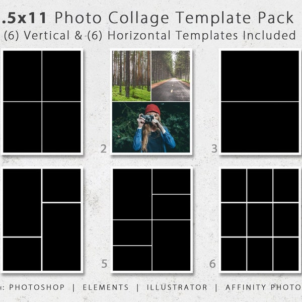 8.5x11 Photo Template Pack, Collage Templates, Portfolio Design, Scrapbook Templates, Photography Templates, Album Design, Book Templates