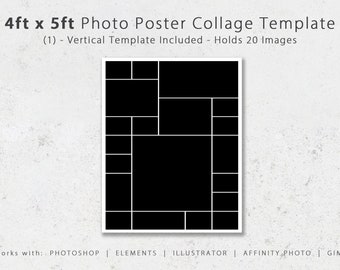 May include: A black and white photo collage template with 20 image spaces. The template is 4 feet by 5 feet and includes a vertical version. It works with Photoshop, Elements, Illustrator, Affinity Photo, and GIMP.