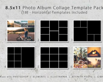 8.5x11 Photo Templates, Photo Collage, 18 Horizontal Layouts, Scrapbook, Wedding Album, Digital, Printable, Baby Book, Travel, Keepsake