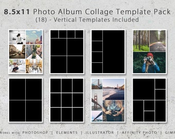 8.5x11 Photo Templates, Photo Collage, 18 Vertical Layouts, Scrapbook, Wedding Album, Digital, Printable, Baby Book, Travel, Memories