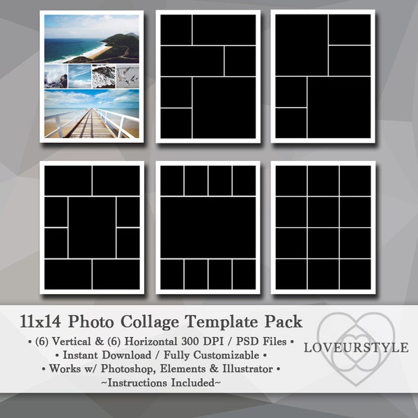 11x14 Photo Template Pack, Photo Collage, Scrap Book Template, Photography Album, Portfolio Design, Photoshop, Elements, Affinity Photo