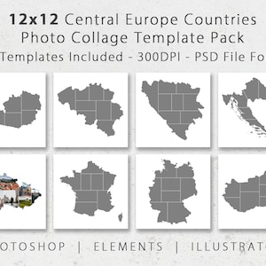 12x12 Mitteleuropa Photo Template Pack, enthält 15 Länder, digitale Collage, Scrapbook-Album, Reisefotografie, Affinity Photo, EAU
