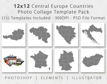 12x12 Central Europe Photo Template Pack, Includes 15 Countries, Digital Collage, Scrapbook Album, Travel Photography, Affinity Photo, EAU