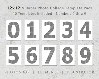 12x12 Photo Template Pack, Numbers Templates 0 thru 9, Each Number Template Holds 10 Images, Photo Collage, Scrap Book Album, Printable