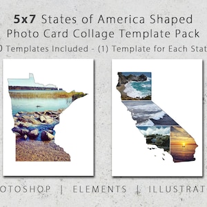 Pacchetto di modelli di biglietti fotografici a forma di stato 5x7, 50 stati d'America, collage, cartoline, inviti, biglietti di auguri, Save-the-Date, design di biglietti
