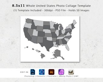 May include: A black and white outline of the United States map with each state shaded in a different shade of gray. The map includes Hawaii and Alaska. The text "8.5x11 Whole United States Photo Collage Template (1) Template Included - 300dpi - PSD File - Holds 50 Images" is at the top of the image. The text "EDIT IN: Photoshop | Elements | Illustrator | Affinity Photo | GIMP" is at the bottom of the image.