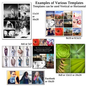 May include: Examples of different photo collage templates for social media. The templates are shown with various images, including a black and white photo of a dog, a photo of a woman wearing a scarf, a photo of a succulent plant, and a photo of a beach scene. The text "Be Free to be Yourself" and "LOVEURSTYLE" is shown on one of the templates.