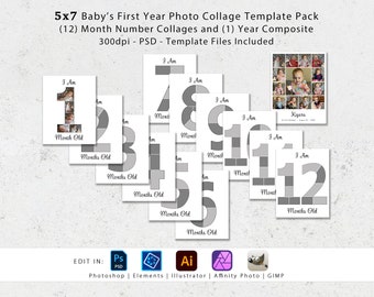 5x7 Baby First Year Photo Templates, Baby Milestones, First Birthday Composite, Announcement, Baby Book, Memory Book, Baby Keepsake, Print