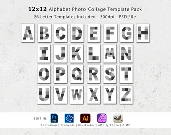 12x12 Photo Template pack, Alphabet Templates, Letter Templates, Photo Collage Templates, Digital Scrapbook Album, Printable Templates, GIMP