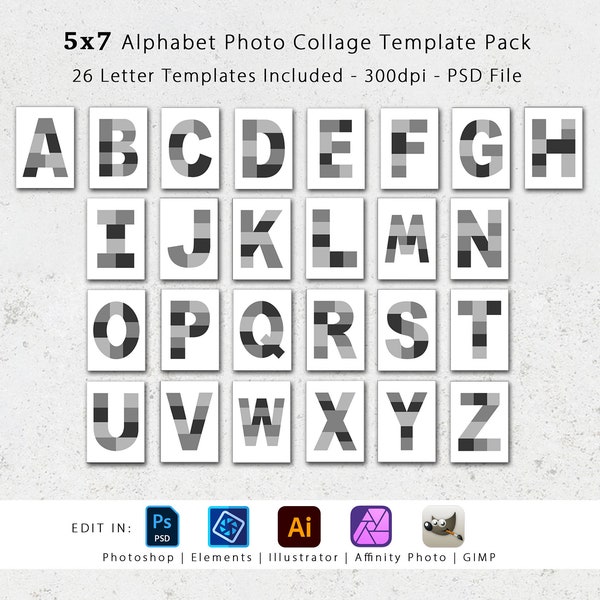 5x7 Photo Template pack, Alphabet Template Pack, Letter Templates, Photo Collage, Photo Card, Birth Announcement, Save-the-Date, Invitation