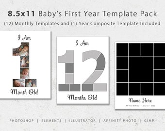 8.5x11 Baby First Year Photo Templates, Baby Milestones, First Birthday Composite, Scrapbook, Baby Book, Baby Memory Book, Baby Keepsake