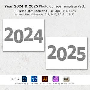 Jaar 2024 en 2025 fotosjabloonpakket, fotocollage, 8 sjablonen inbegrepen, babyboek, huwelijksuitnodiging, geboorteaankondiging, vrijgezellenfeest