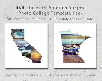 8x8 State Shaped Photo Template Pack, Includes All 50 States, Digital, Collage, Scrapbook, Album Templates, Travel Photography, Printable