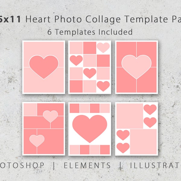 8.5x11 Photo Template Pack, Heart Templates, Photo Collage, Scrapbook Templates, Photography Templates, Wedding Album, Baby Book, Valentines