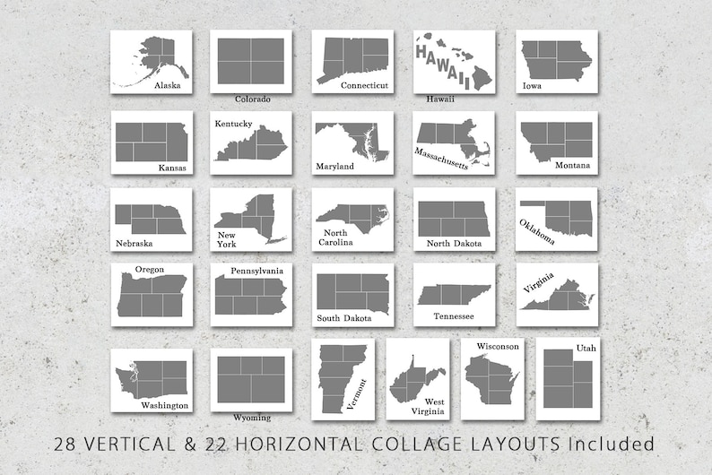 12x12 State Shaped Photo Template Pack, Includes All 50 States, Digital, Collage, Scrapbook, Album Templates, Travel Photography, Photoshop image 3