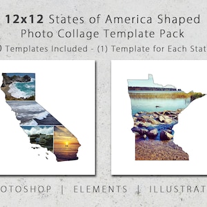 12x12 State Shaped Photo Template Pack, Includes All 50 States, Digital, Collage, Scrapbook, Album Templates, Travel Photography, Photoshop image 1