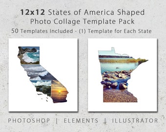 12x12 State Shaped Photo Template Pack, Includes All 50 States, Digital, Collage, Scrapbook, Album Templates, Travel Photography, Photoshop