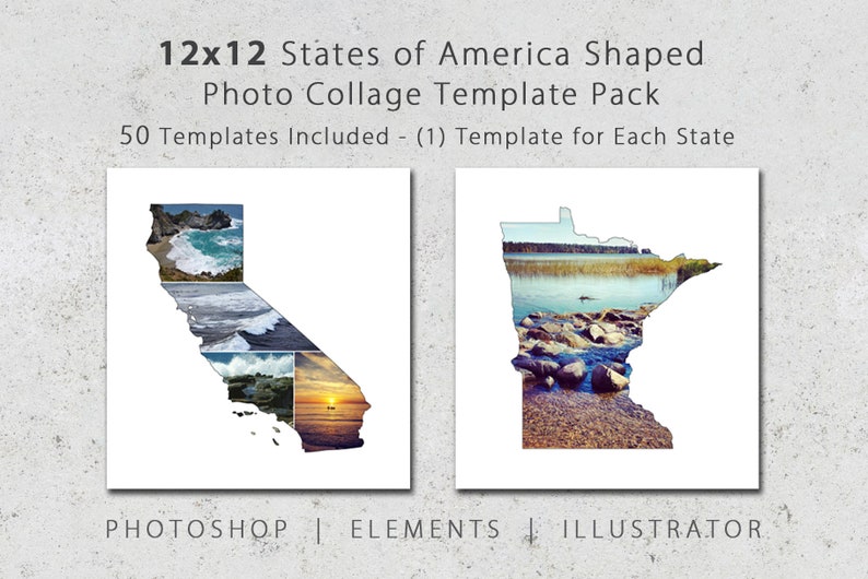 12x12 State Shaped Photo Template Pack, Includes All 50 States, Digital, Collage, Scrapbook, Album Templates, Travel Photography, Photoshop image 1