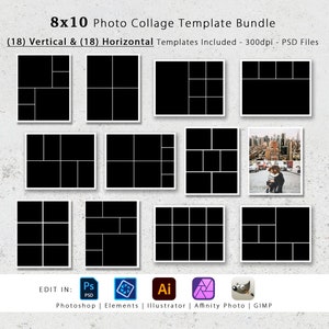 Paquete de plantillas para collage de fotos de 8x10, incluye 18 diseños verticales y 18 horizontales, ideal para álbumes de recortes, bodas, libros de bebé, viajes y recuerdos.