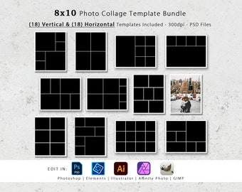 8x10 Photo Collage Template Bundle, 18 Vertical & 18 Horizontal Layouts Included, Scrapbook, Wedding Album, Baby Book, Travel, Memories