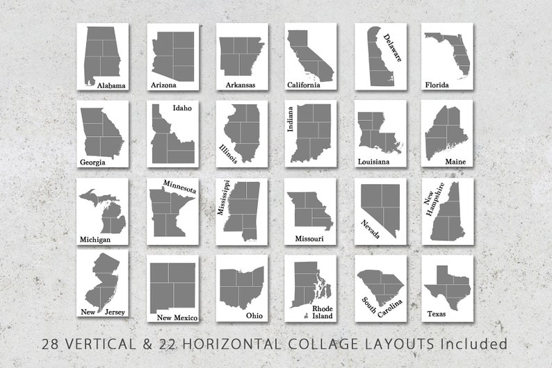 12x12 State Shaped Photo Template Pack, Includes All 50 States, Digital, Collage, Scrapbook, Album Templates, Travel Photography, Photoshop image 2