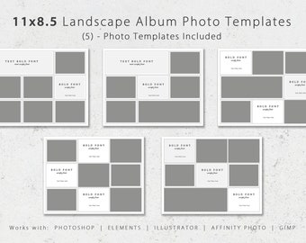 May include: Five different photo templates for a landscape album. Each template has a white border and a gray background with a grid of photo spaces. The text "BOLD FONT" appears in each template.