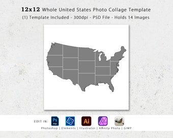12x12 United States of America Photo Template, Holds 14 Images, Photo Collage, Scrapbook Album, USA, Travel Photography, Digital, Print