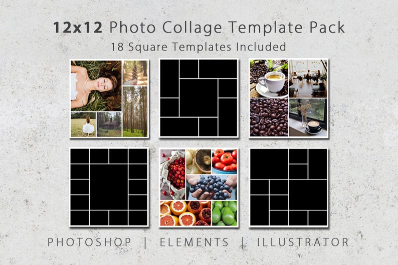 12x12 Digital Photo Collage Template Pack, Scrapbook Templates, Photography Template, Album Templates, Photoshop Template, Square Design image 1