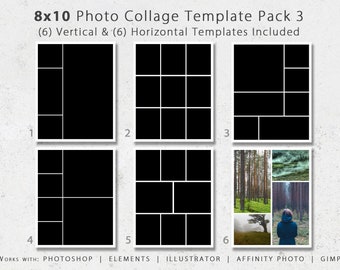 May include: An 8x10 photo collage template pack with six vertical and six horizontal templates. The templates are black with white borders, and the text "8x10 Photo Collage Template Pack 3" is at the top. The templates work with Photoshop, Elements, Illustrator, Affinity Photo, and GIMP.