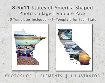 8.5x11 State Shaped Photo Template Pack, Includes All 50 States, Wall Art, Scrapbook, Collage, Album, Photography, Travel, Social Media, USA