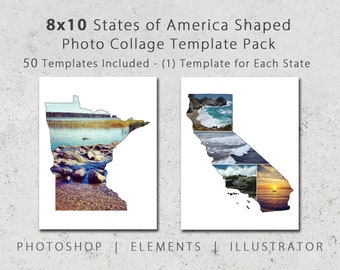 8x10 State Shaped Photo Template Pack, 50 States of America, Wall Art, Scrapbooks, Albums, Travel Photography, Social Media, Photoshop, USA