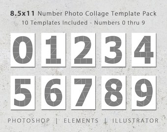 8.5x11 Photo Template Pack, Number Templates 0 thru 9, Each Number Holds 10 Images, Photo Collage Scrapbook, Anniversary, Birthday Printable