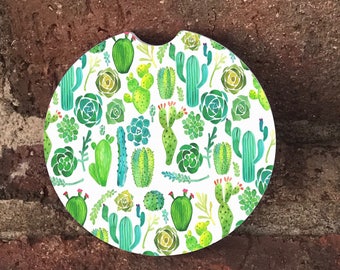 Cactus Print Sandstone Car Coasters (set of 2)