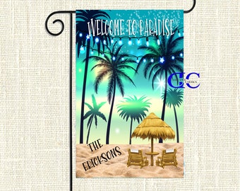 Welcome to Paradise Garden Flag: Tiki Hut Palm Tree Decor