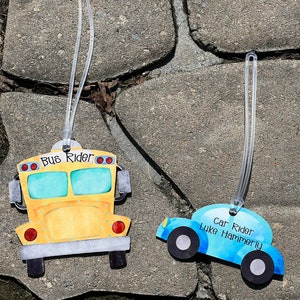 School Bus Bookbag tags, car Rider tags, tags for kids book bags, keeping kids safe, kids safety, back to school bag tags, bag tags for kids