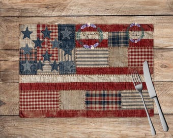 Rustic flag Linen Placemat: red white blue Summer Table Decor