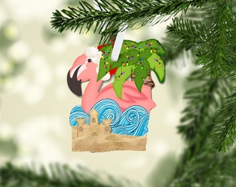 Beach Christmas Ornament, Flamingo Ornament, Gift Tag  christmas decor, farmhouse decor, farmhouse, christmas decorations. ornaments,
