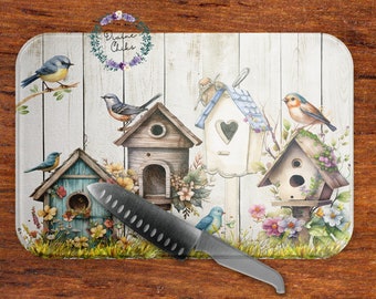 Birdhouse Cutting Board: Tempered Glass Kitchen Decor