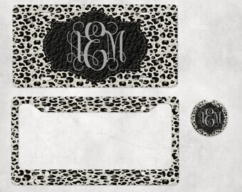 Monogram Leopard Aluminum License Plate: White Animal Print