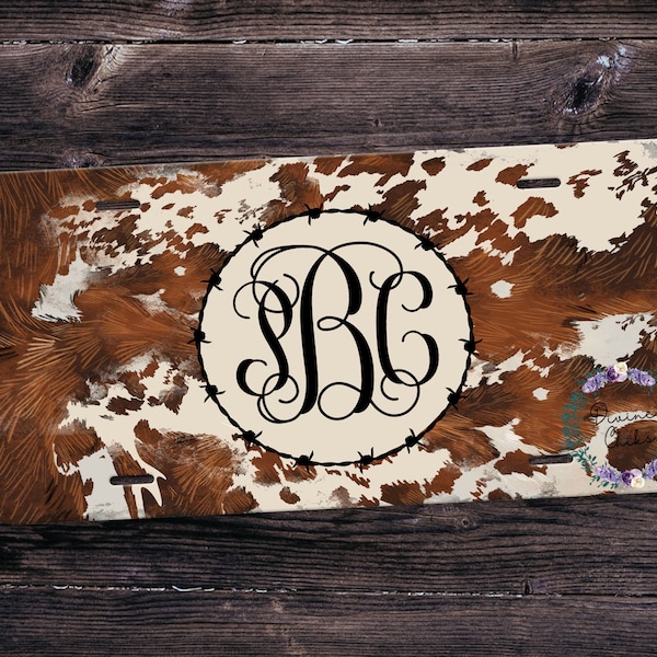 Brown Cowhide  License plate, cow license plate with monogram