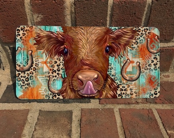 Boho Cow Aluminum License Plate: Farmhouse Car Decor