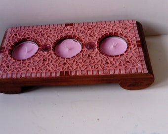 Wooden candle holder, mosaic decoration