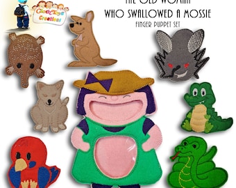 Old Woman Who Swallowed A Mozzie Play Set, Australian Animal Finger Puppets, Toddler Toy, Interactive Play, Felt Puppets, Australian Made.