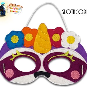 May include: Purple and white felt slothcorn mask with a yellow horn and colorful flowers. The mask has a white elastic band for wearing.