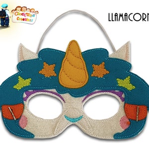 May include: A felt llamacorn mask with a teal blue mane, orange horn, and yellow and green stars. The mask has eye holes and an elastic band for wearing.