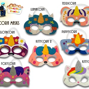 May include: A set of 8 felt unicorn masks for kids. The masks feature different animal designs, including a sloth, a kitty, a puppy, a llama, a fox, and a teddy bear. Each mask has a colorful horn and sparkly details. The masks are labeled with the names "Slothcorn", "Kittycorn", "Puppycorn", "Llamacorn", "Foxycorn", "Kittycorn 2", "Teddicorn", and "Unicorn Masks".