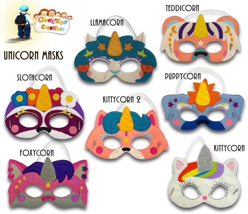 May include: A set of 8 felt unicorn masks for kids. The masks feature different animal designs, including a sloth, a kitty, a puppy, a llama, a fox, and a teddy bear. Each mask has a colorful horn and sparkly details. The masks are labeled with the names "Slothcorn", "Kittycorn", "Puppycorn", "Llamacorn", "Foxycorn", "Kittycorn 2", "Teddicorn", and "Unicorn Masks".