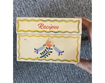 Vintage Tin Recipe Card Holder Box And Card Holder  Yellow Green Blue