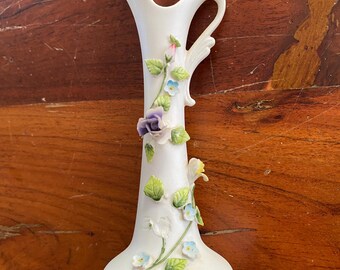 Jarrón vintage de cerámica Lefton pintado a mano con diseño floral en 3D de 8" de alto