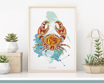 Cancer Zodiac Print | Home Decor | Birthday Print | Horoscope Print | Astrology Print | Zodiac Wall Art | Star Sign Illustration